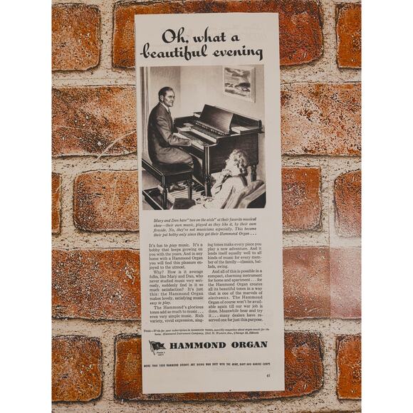 1944 Hammond Organ "Oh What a Beautiful Evening" Man Playing Music Vtg Print Ad - Picture 2 of 6
